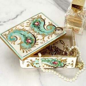 Vintage Italian Hand Painted Jewelry Box Floral Gold Trim Cottage Vanity Decor